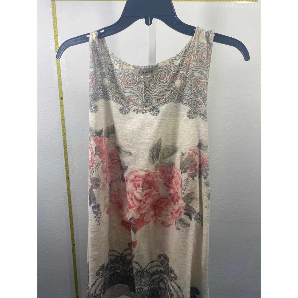 Agate Womens Floral Paisley Tank Top Cream Pink Boho Sleeveless Knit Scoop Neck